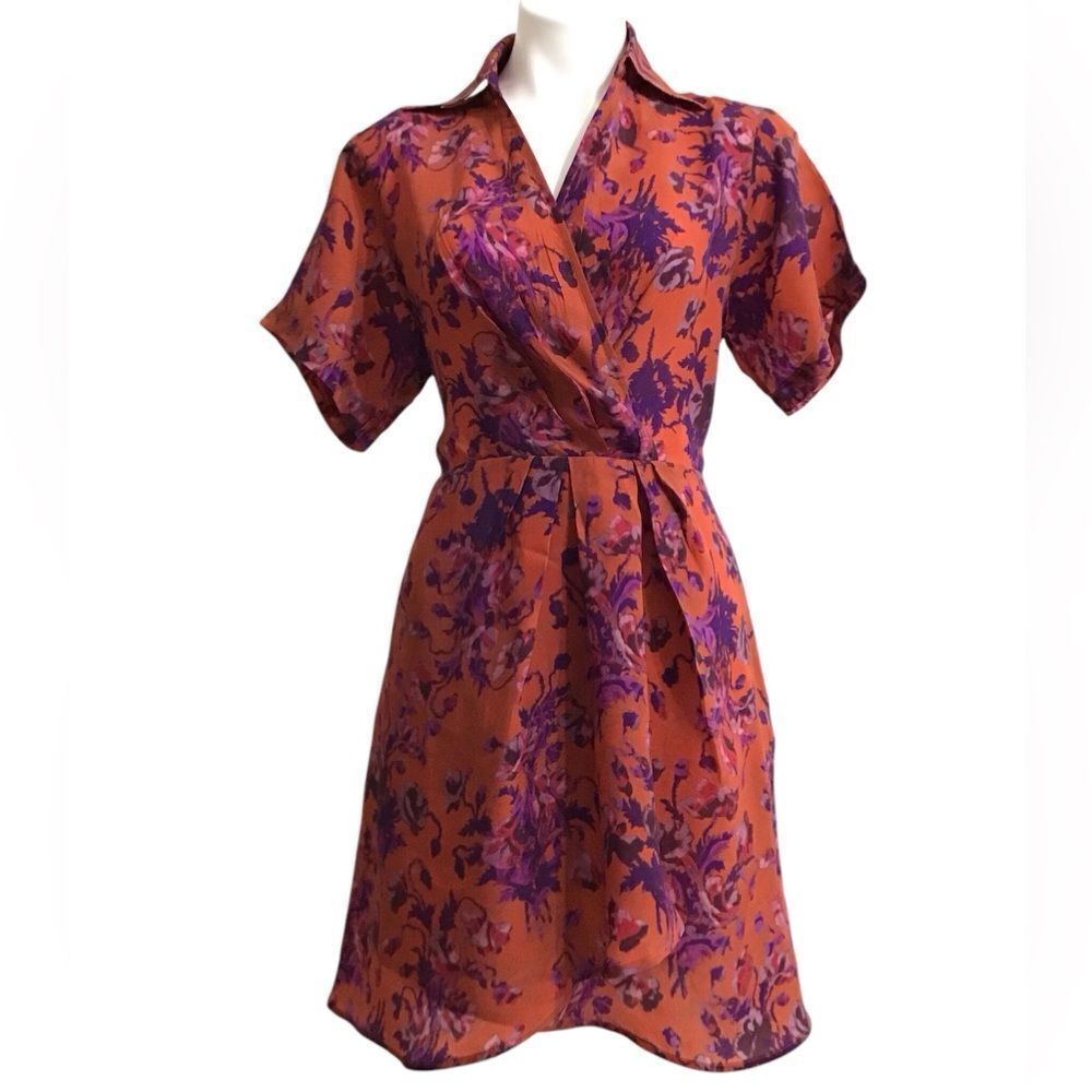 Peurivan Connection Orange Mini Dress Floral Short Sleeve Size 8
